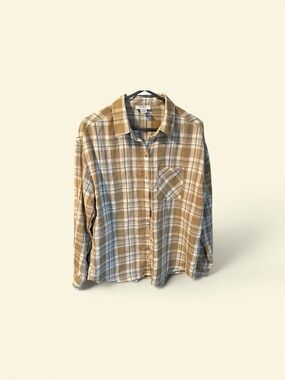 175–Women's Tan Plaid Button-Down Shirt - Lightweight Everyday Style